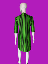 Load image into Gallery viewer, A green and black vertically striped dress displayed on a white mannequin.