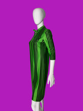 Load image into Gallery viewer, A green and black vertically striped dress displayed on a white mannequin.