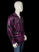 Load image into Gallery viewer, 1990s black long sleeve metallic button up with purple flames shown on a white mannequin shown from the side.