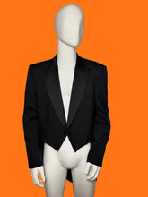 Load image into Gallery viewer, A tailored tuxedo jacket displayed on a white mannequin.