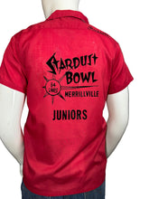 Load image into Gallery viewer, Red shirt with black text on a mannequin against a gray background