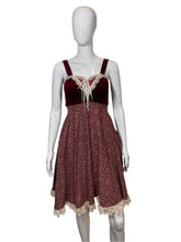 Load image into Gallery viewer, 1970's Maroon Velvet & Cotton Gunne Sax Dress Size XS