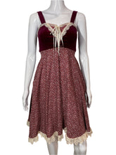 Load image into Gallery viewer, 1970's Maroon Velvet & Cotton Gunne Sax Dress Size XS