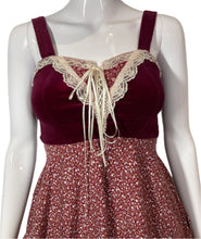 Load image into Gallery viewer, 1970's Maroon Velvet & Cotton Gunne Sax Dress Size XS