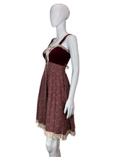 Load image into Gallery viewer, 1970's Maroon Velvet & Cotton Gunne Sax Dress Size XS
