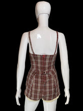 Load image into Gallery viewer, A back view of a brown, red, green, and beige plaid bathingsuit displayed on a white mannequin.