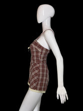 Load image into Gallery viewer, A side view of a brown, red, green, and beige plaid bathingsuit displayed on a white mannequin.