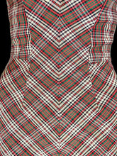 Load image into Gallery viewer, A close-up of a plaid bathingsuit with diagonal pattern in red, green, white, and brown.