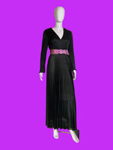 Load image into Gallery viewer, 1970s Miss Rubette Black Ribbed Maxi Dress with Metallic Pink Belt – Size S