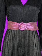 Load image into Gallery viewer, 1970s Miss Rubette Black Ribbed Maxi Dress with Metallic Pink Belt – Size S