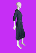Load image into Gallery viewer, 1930s Blue and Black Abstract Floral Dress with Belt – Size M