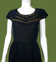 Load image into Gallery viewer, 1940's Black Rayon Evening Dress with Sequined Collar Size S