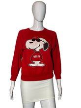 Load image into Gallery viewer, Red sweatshirt with a cartoon character on a mannequin against a white background