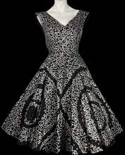 Load image into Gallery viewer, 1950s Hand-Painted Mexican Party Dress – Silver Squiggle Print – Size S