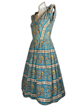 Load image into Gallery viewer, 1950's Teal Cotton All-Over Print Fit and Flare Day Dress Size M