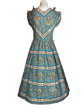 Load image into Gallery viewer, 1950's Teal Cotton All-Over Print Fit and Flare Day Dress Size M
