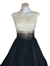 Load image into Gallery viewer, 1950's Black and White Chiffon Party Dress With Sequin Detail Size S