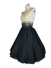 Load image into Gallery viewer, 1950's Black and White Chiffon Party Dress With Sequin Detail Size S