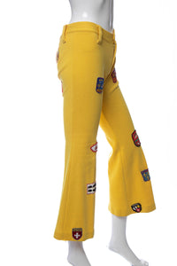 1970's Garland Yellow and International Patch Detail Flared Leg Pants Size 28