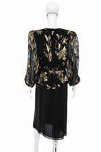 Load image into Gallery viewer, 1980's Patra Black Chiffon and Gold Lamé Floral Motif Dress Size M