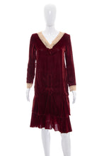 Load image into Gallery viewer, 1920's Red Wine Velvet and Lace Detail Dress Size S/M