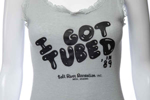 1980's Screen Stars Gray and Black "I Got Tubed in '89" Salt River AZ Lace Detail Tank Top Size S