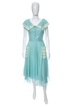 Load image into Gallery viewer, 1950's Blue and White Lace Detail Party Dress Size M