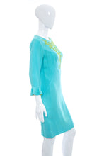 Load image into Gallery viewer, 1960's Julie Miller Aqua and Lime Embroidered Dress Size S/M