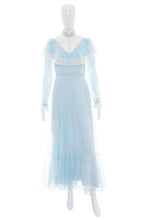 Load image into Gallery viewer, 1970's Blue and White Lace Detail Prairie Dress Size S