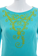 Load image into Gallery viewer, 1960's Julie Miller Aqua and Lime Embroidered Dress Size S/M