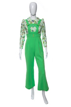 Load image into Gallery viewer, 1970&#39;s Green Floral and Apple Detail Long Sleeve Jumpsuit Size S

