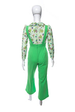 Load image into Gallery viewer, 1970&#39;s Green Floral and Apple Detail Long Sleeve Jumpsuit Size S
