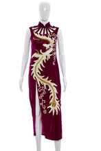 Load image into Gallery viewer, 1970's Red Wine Velvet and Sequins Cheongsam Dress Size S/M