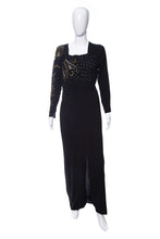 Load image into Gallery viewer, 1940's Black Long Sleeve Bead and Rhinestone Detail Gown Size M/L