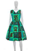Load image into Gallery viewer, 1960's Green and Brown Fit and Flare Tiki Party Dress Size M