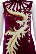 Load image into Gallery viewer, 1970's Red Wine Velvet and Sequins Cheongsam Dress Size S/M