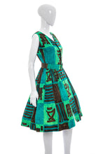 Load image into Gallery viewer, 1960's Green and Brown Fit and Flare Tiki Party Dress Size M