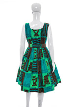 Load image into Gallery viewer, 1960's Green and Brown Fit and Flare Tiki Party Dress Size M