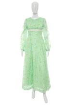 Load image into Gallery viewer, 1970's Mint and Daisy Print Hippie Maxi Dress Size S