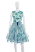 Load image into Gallery viewer, 1950's Blue Floral Chiffon Party Dress Size S