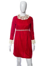 Load image into Gallery viewer, 1960&#39;s Red Velvet and White Lace Detail Long Sleeve Dress Size M
