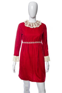 1960's Red Velvet and White Lace Detail Long Sleeve Dress Size M