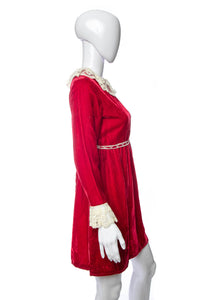 1960's Red Velvet and White Lace Detail Long Sleeve Dress Size M