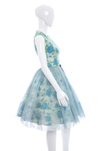 Load image into Gallery viewer, 1950's Blue Floral Chiffon Party Dress Size S