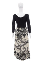 Load image into Gallery viewer, 1970's Black and Silver Lamé Paisley Print Dress Size S