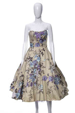 Load image into Gallery viewer, 1950's Beige, Purple and Blue All-Over Floral Print Full Skirt Strapless Party Dress Size XS