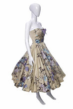 Load image into Gallery viewer, 1950's Beige, Purple and Blue All-Over Floral Print Full Skirt Strapless Party Dress Size XS