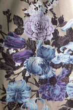 Load image into Gallery viewer, 1950's Beige, Purple and Blue All-Over Floral Print Full Skirt Strapless Party Dress Size XS