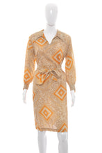 Load image into Gallery viewer, 1960's Tan and Orange Geometric and Paisley Print Dress Size L