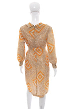Load image into Gallery viewer, 1960's Tan and Orange Geometric and Paisley Print Dress Size L